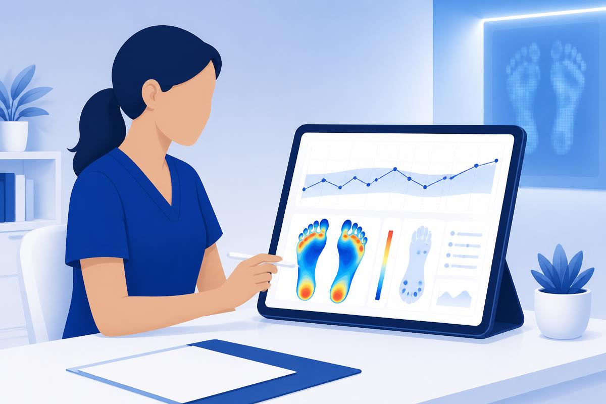 A clinician reviewing 90-day foot temperature trends on a clinic dashboard