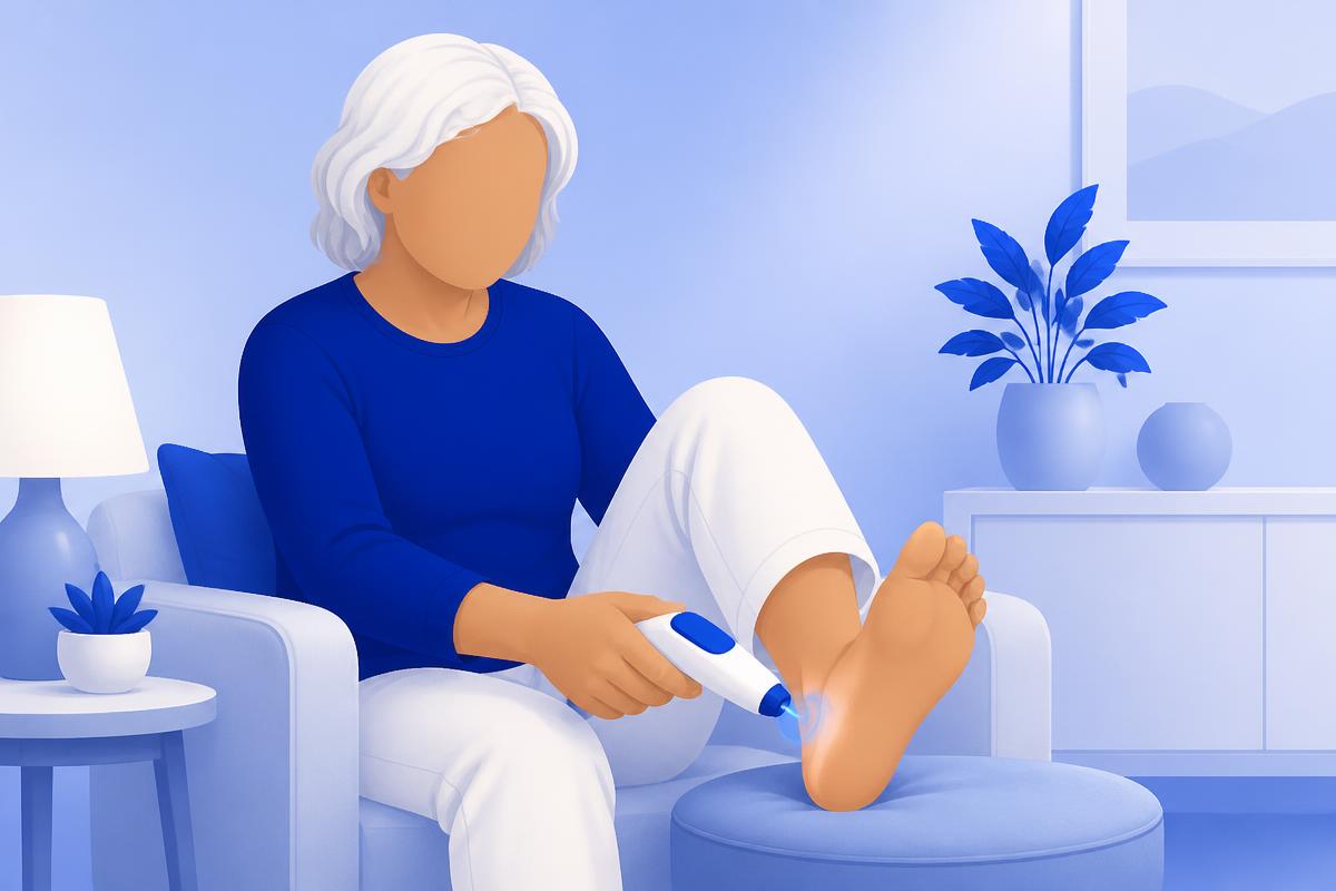 A person using a handheld thermometer for a daily foot check at home
