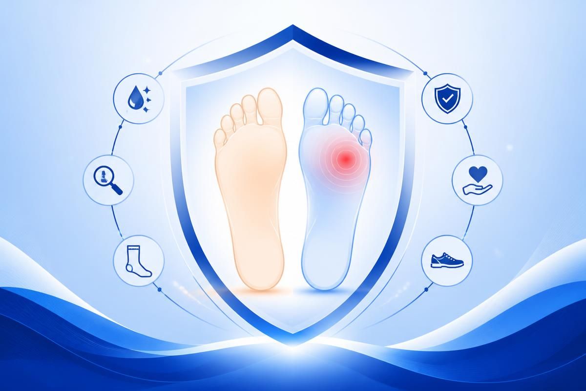 Two feet protected by a PodiaScan shield with prevention icons
