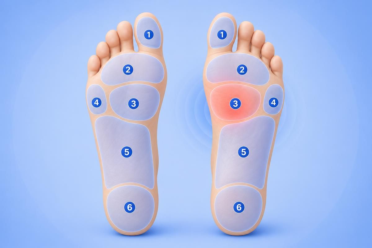 PodiaScan seven-zone foot map showing a temperature hotspot on the right midfoot